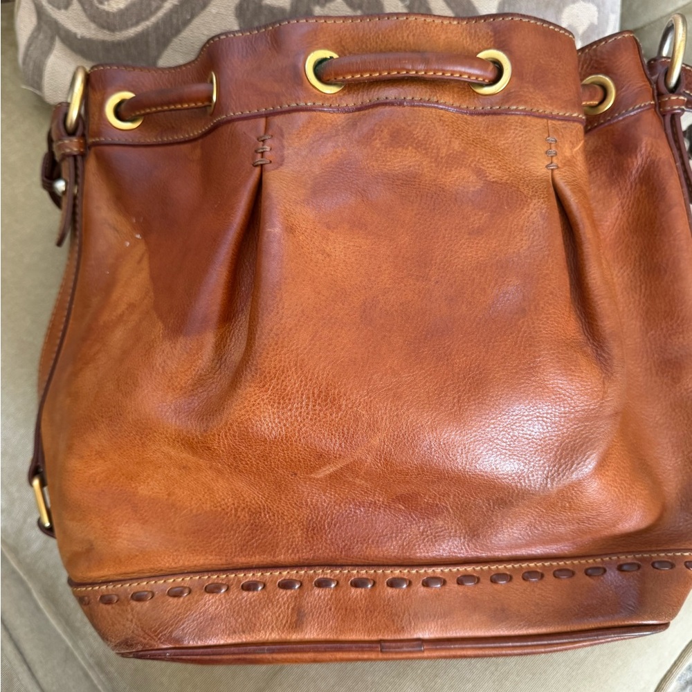 Dooney & Bourke Chestnut Florentine Leather Whipstitch Drawstring Bucket Bag - Picture 3 of 8